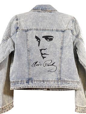 Hooded Denim jacket, light wash with Elvis Presley's image embroidered on back